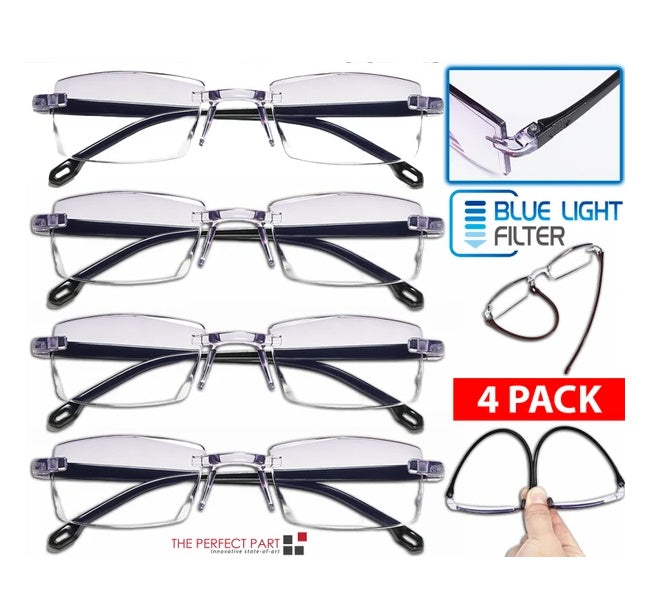4 PK Mens Rectangular Rimless Blue Light Blocking Reading Glasses Unisex Readers