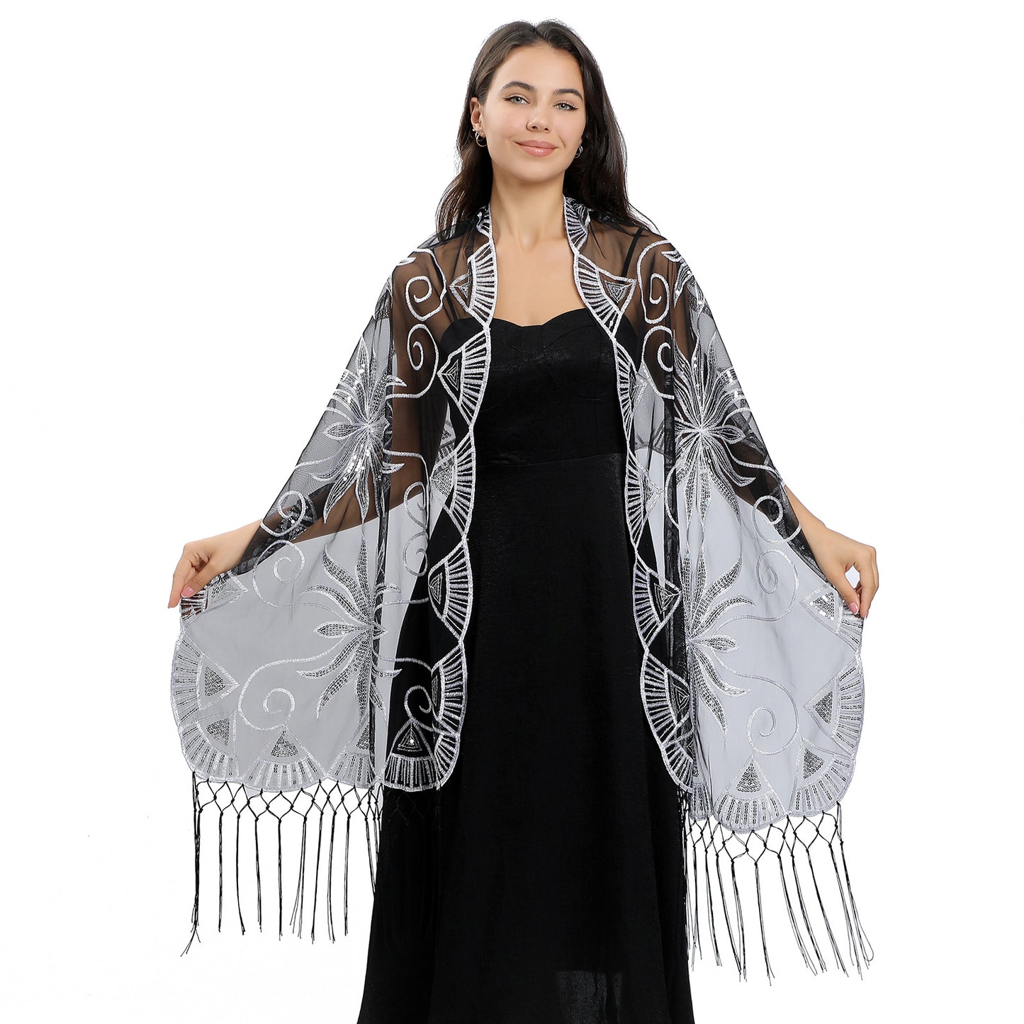 European and American Style Long Sequin Embroidered Cape for Bride, Bridesmaid, Party, Evening Dress Cape