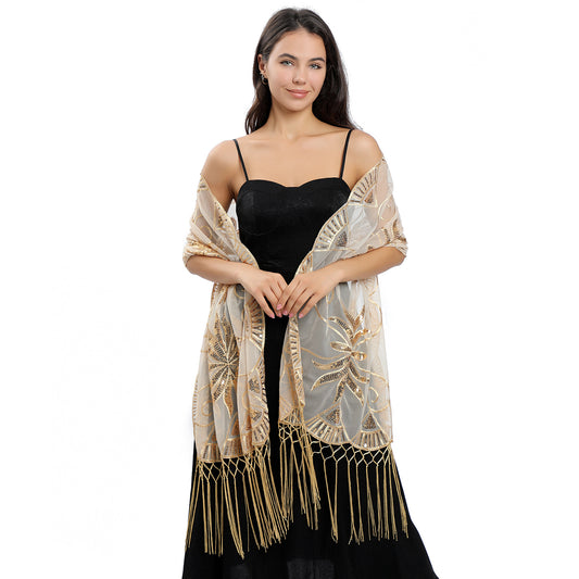 European and American Style Long Sequin Embroidered Cape for Bride, Bridesmaid, Party, Evening Dress Cape